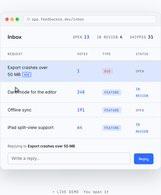 FeedbackOS dashboard replying to a bug report, which syncs back to the user in-app